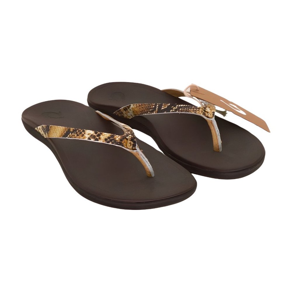 OluKai Brown Flip Flop Sandals with Gold Snake-Print Straps